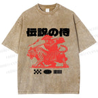 Unisex Vintage Japanese Tiger Samurai Printed Washed Tee