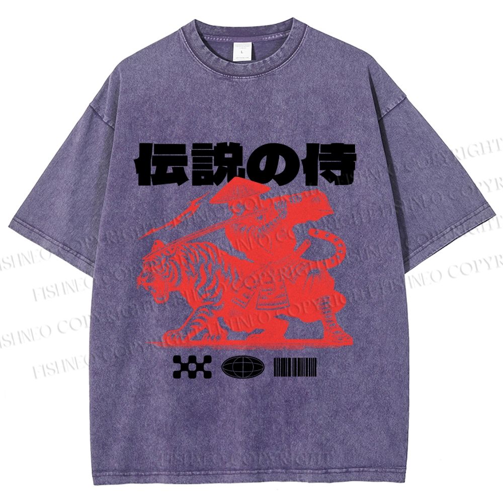 Unisex Vintage Japanese Tiger Samurai Printed Washed Tee