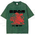 Unisex Vintage Japanese Tiger Samurai Printed Washed Tee