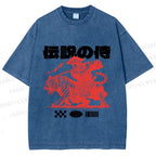 Unisex Vintage Japanese Tiger Samurai Printed Washed Tee
