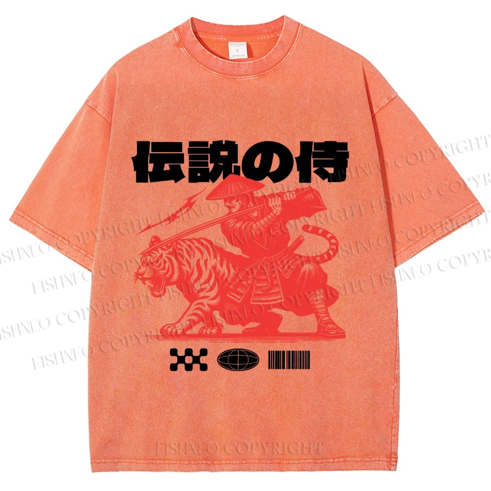 Unisex Vintage Japanese Tiger Samurai Printed Washed Tee