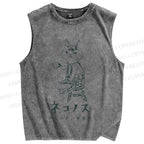 Unisex Vintage Cat Having Coffee Printed Washed Tank Top