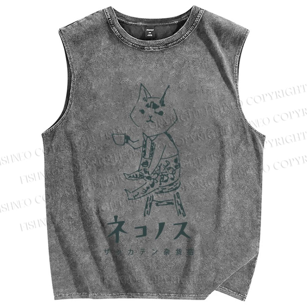 Unisex Vintage Cat Having Coffee Printed Washed Tank Top