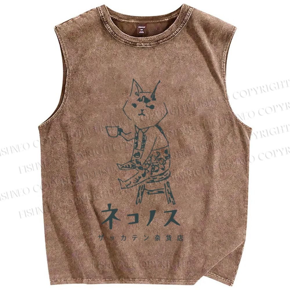 Unisex Vintage Cat Having Coffee Printed Washed Tank Top