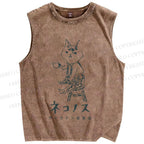 Unisex Vintage Cat Having Coffee Printed Washed Tank Top