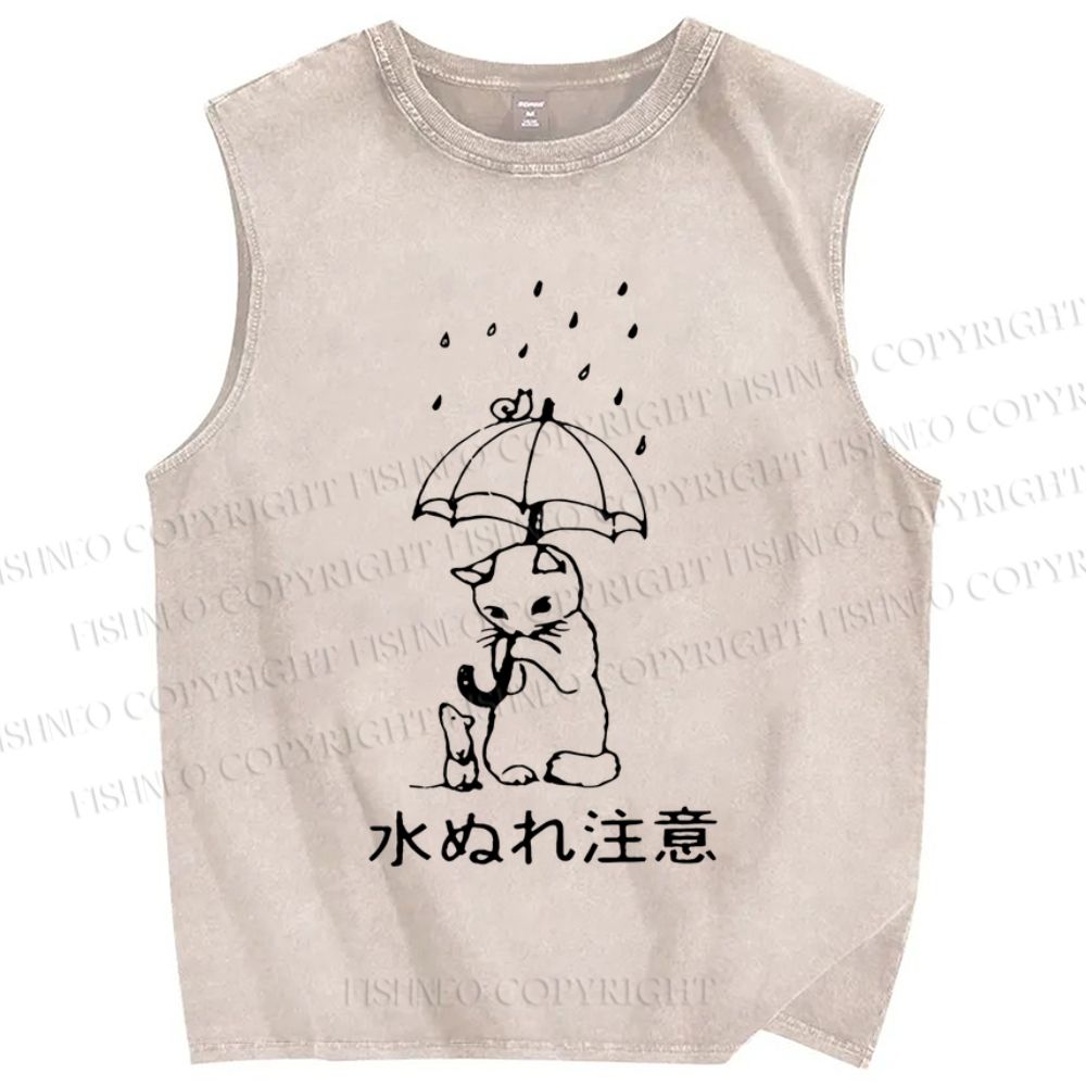 Unisex Attention The Rain Cat Printed Washed Tank Top