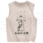Unisex Attention The Rain Cat Printed Washed Tank Top