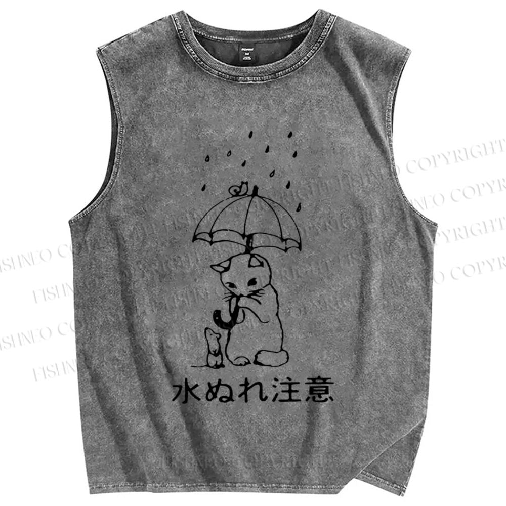 Unisex Attention The Rain Cat Printed Washed Tank Top