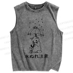 Unisex Attention The Rain Cat Printed Washed Tank Top