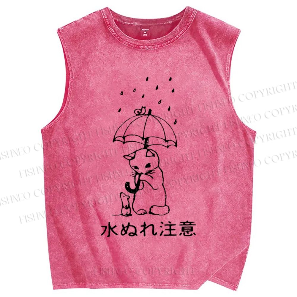 Unisex Attention The Rain Cat Printed Washed Tank Top
