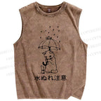 Unisex Attention The Rain Cat Printed Washed Tank Top