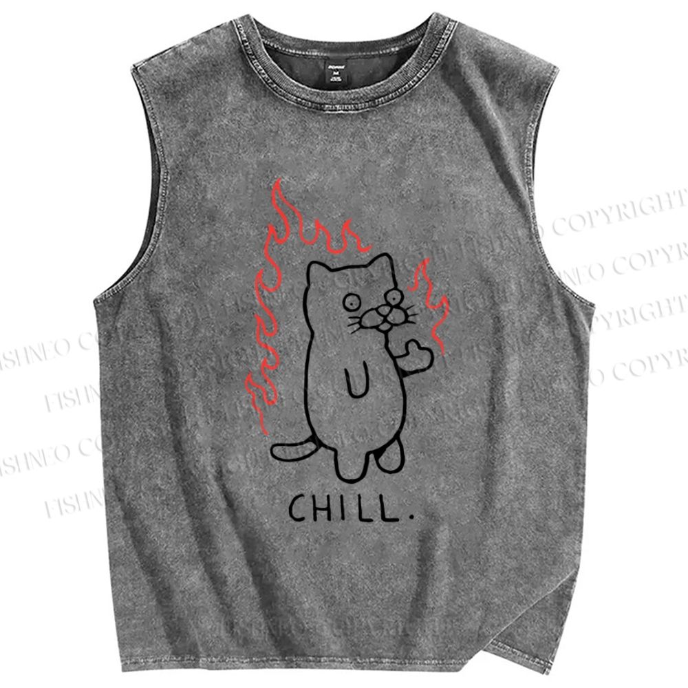 Unisex Silly Cat Chill Printed Washed Tank Top