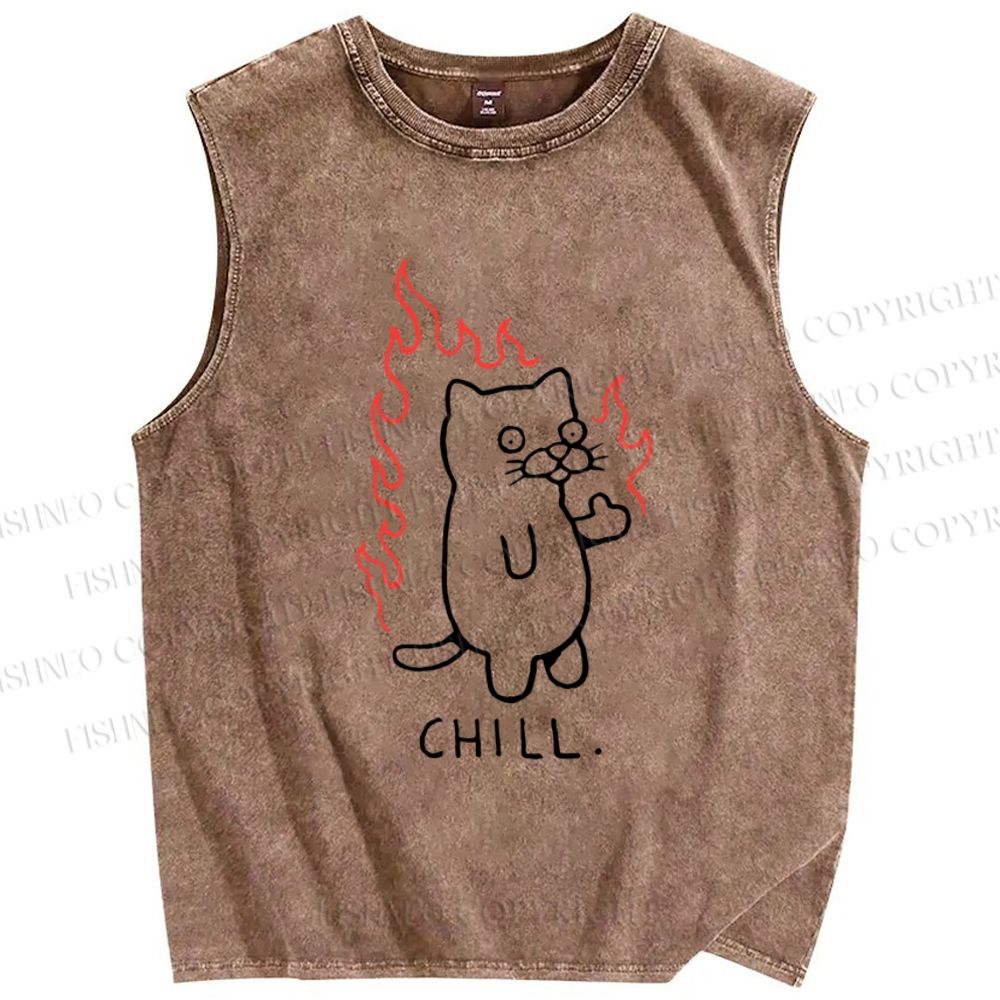 Unisex Silly Cat Chill Printed Washed Tank Top
