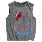 Unisex Japanese Koi Fish Wave Printed Washed Tank Top