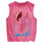 Unisex Japanese Koi Fish Wave Printed Washed Tank Top