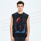 Unisex Japanese Koi Fish Wave Printed Washed Tank Top