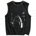 Unisex Japanese Fish Hold Up Printed Washed Tank Top