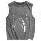 Unisex Japanese Fish Hold Up Printed Washed Tank Top