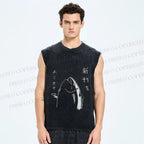 Unisex Japanese Fish Hold Up Printed Washed Tank Top