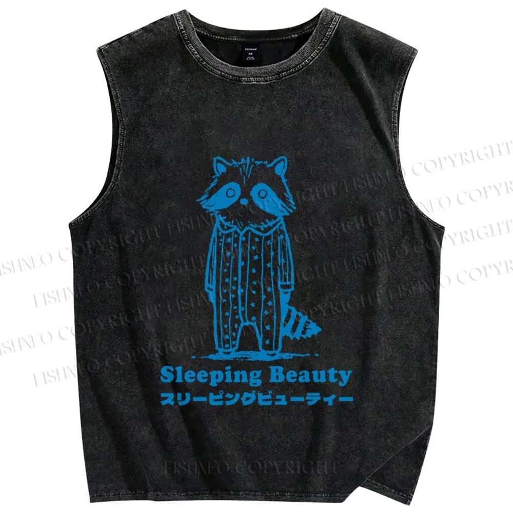 Unisex Sleeping Beauty Raccoon Printed Washed Tank Top