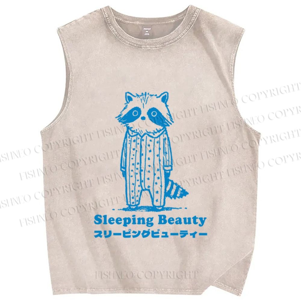 Unisex Sleeping Beauty Raccoon Printed Washed Tank Top