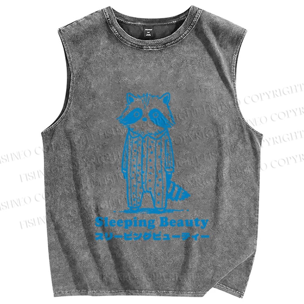 Unisex Sleeping Beauty Raccoon Printed Washed Tank Top