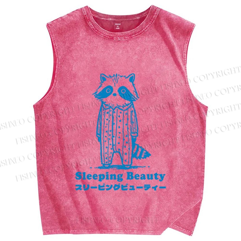 Unisex Sleeping Beauty Raccoon Printed Washed Tank Top