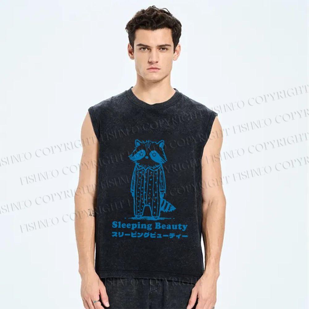 Unisex Sleeping Beauty Raccoon Printed Washed Tank Top