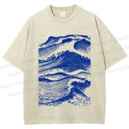 Unisex Vintage Japanese Wave Printed Washed Tee