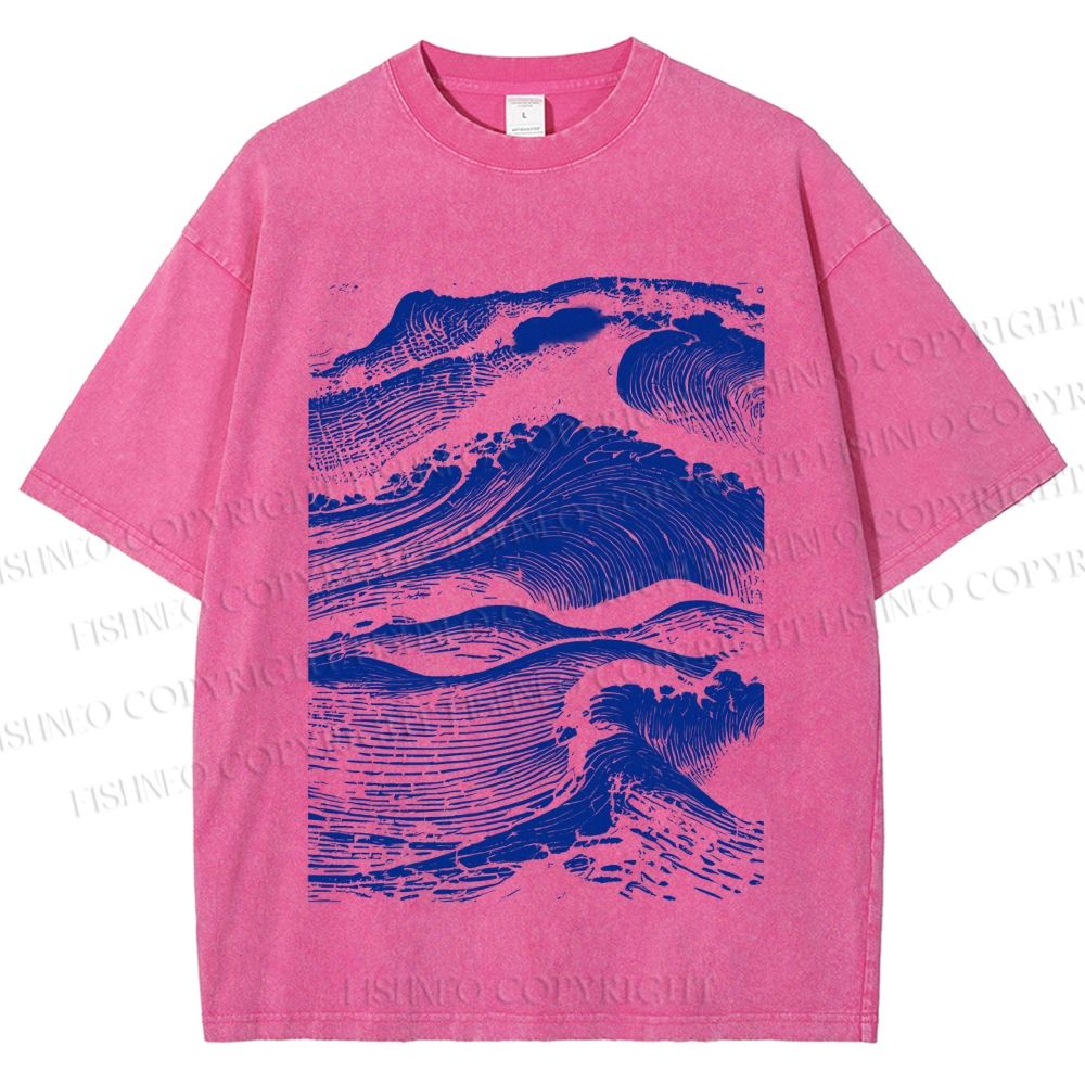 Unisex Vintage Japanese Wave Printed Washed Tee