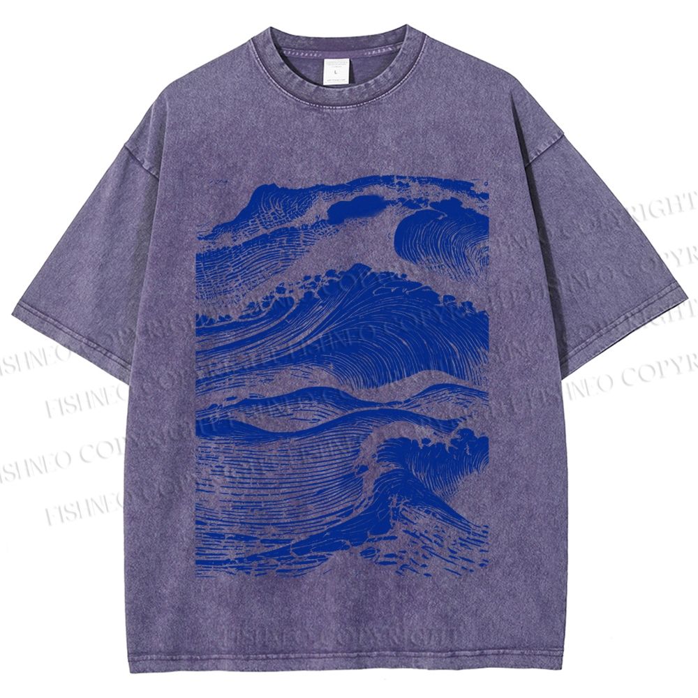 Unisex Vintage Japanese Wave Printed Washed Tee
