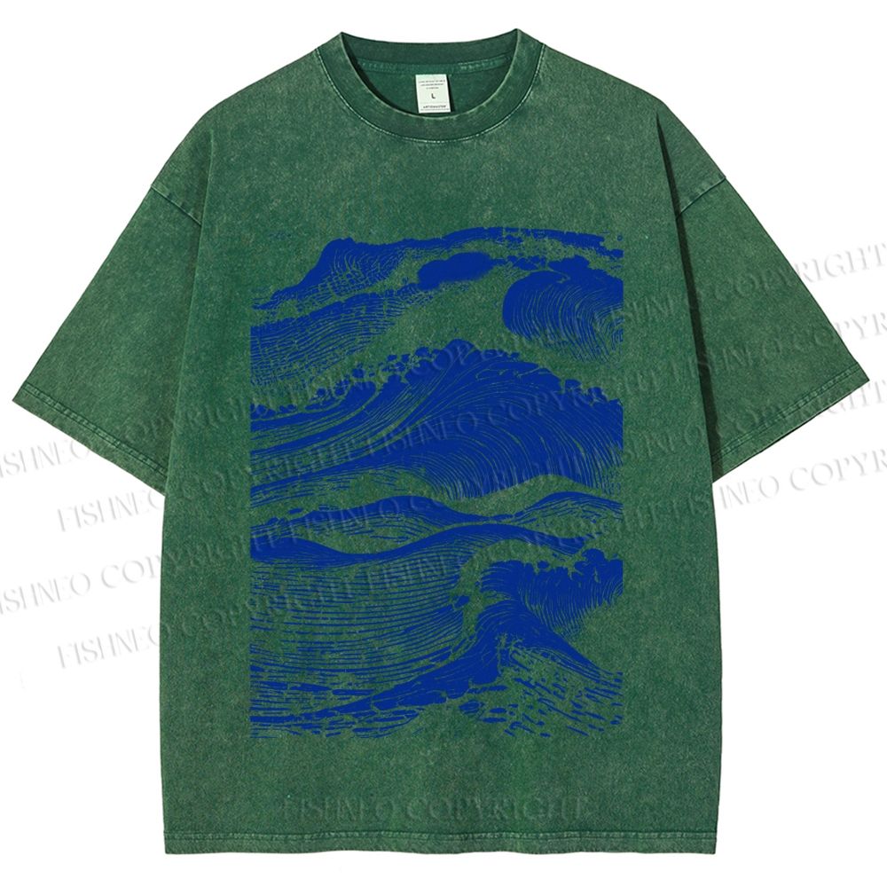 Unisex Vintage Japanese Wave Printed Washed Tee