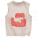 Unisex Cute Cat In Sofa Printed Washed Tank Top