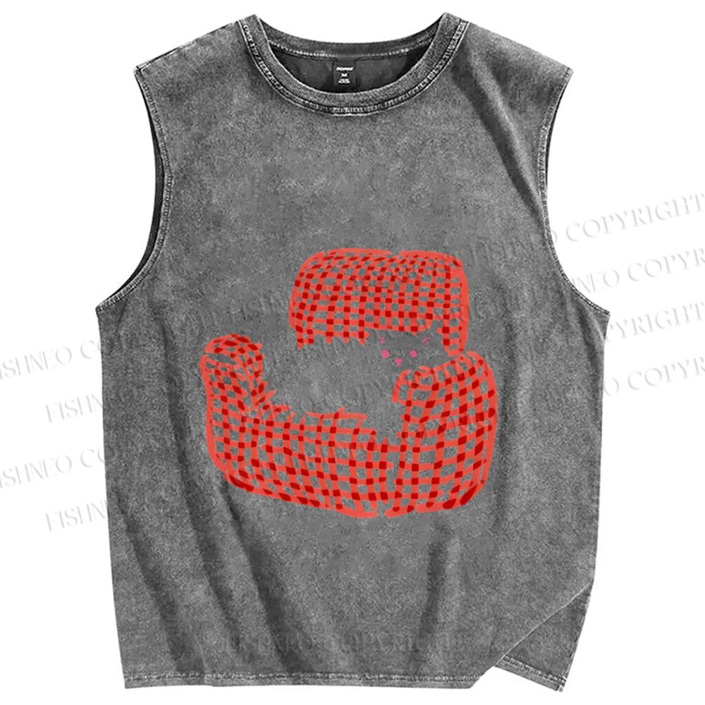Unisex Cute Cat In Sofa Printed Washed Tank Top