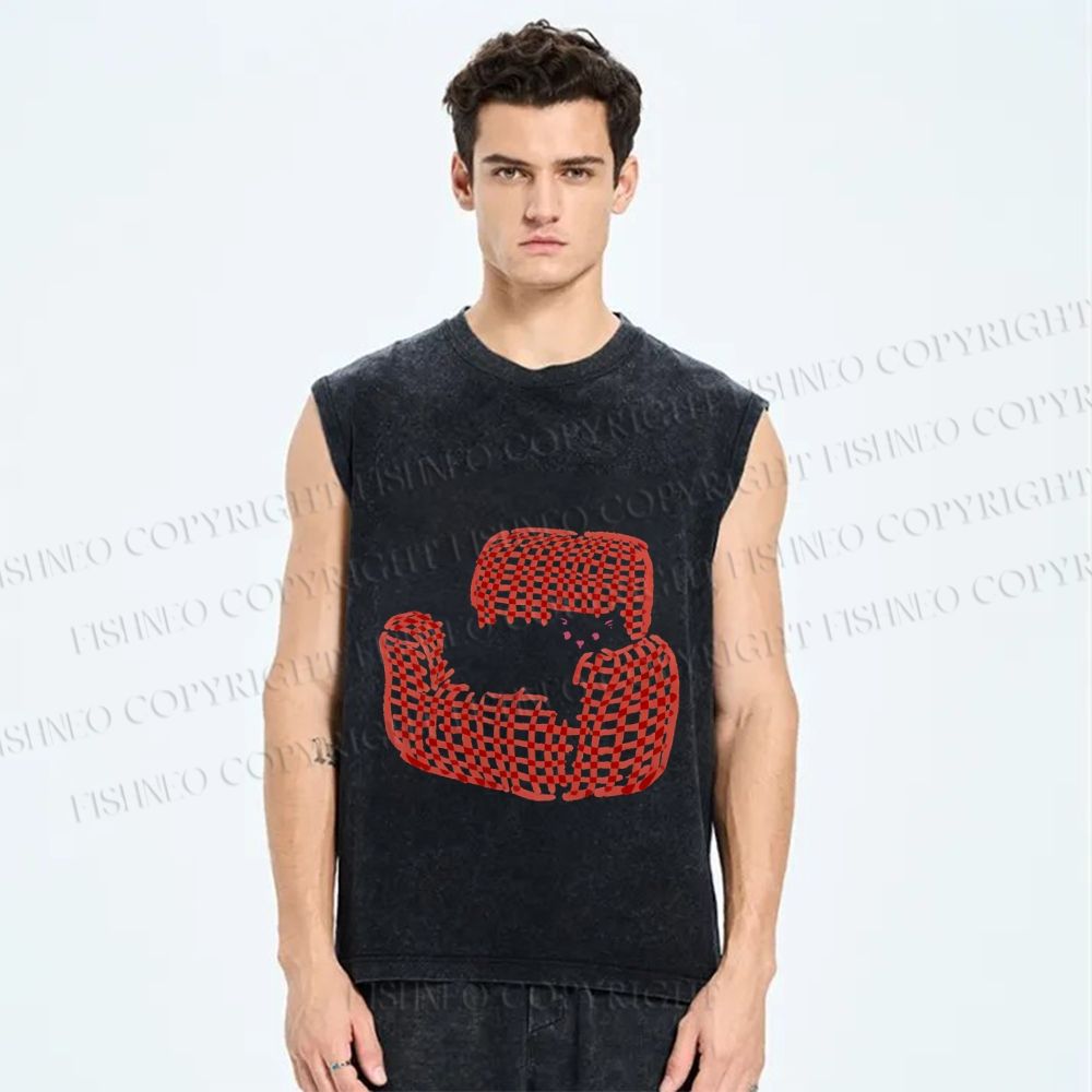 Unisex Cute Cat In Sofa Printed Washed Tank Top