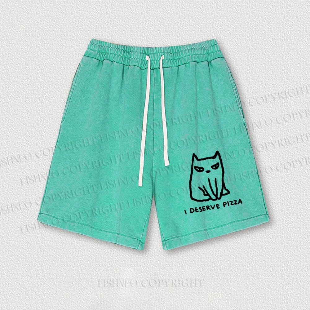 I Deserve Pizza Cat Washed Vintage Shorts