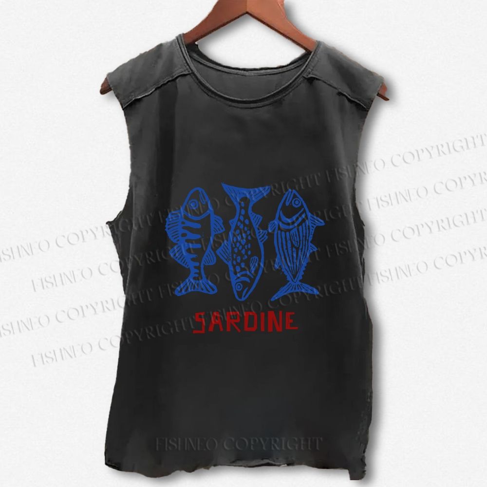 Unisex Vintage Sardine Printed Washed Tank Top