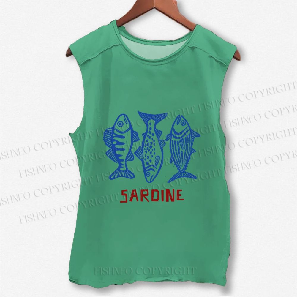 Unisex Vintage Sardine Printed Washed Tank Top