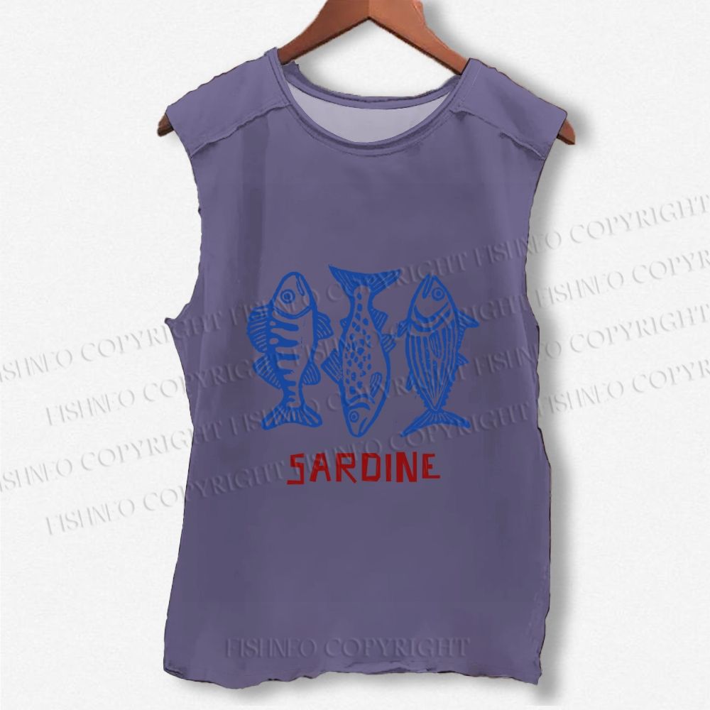 Unisex Vintage Sardine Printed Washed Tank Top