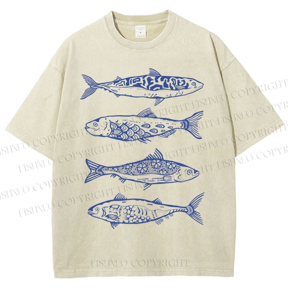 Unisex Vintage Flower Fish Printed Washed Tee