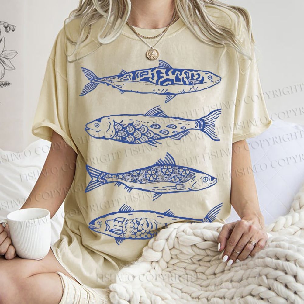 Unisex Vintage Flower Fish Printed Washed Tee