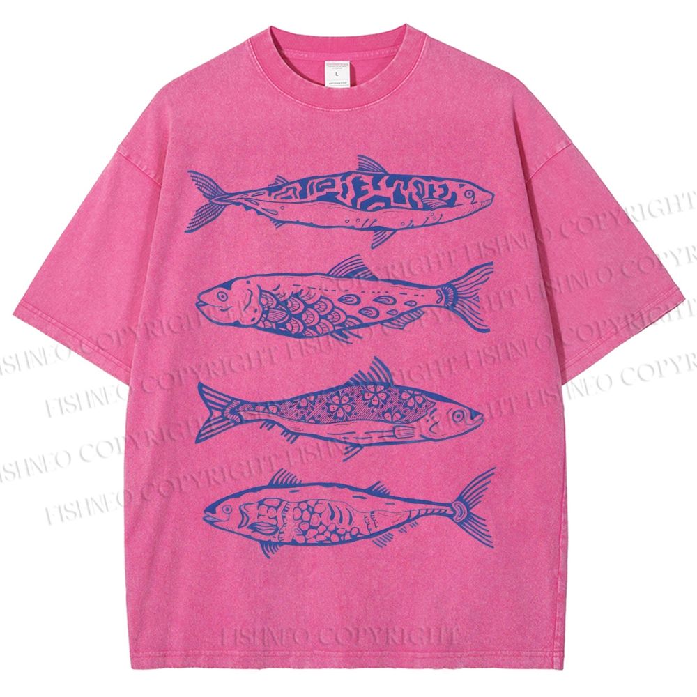Unisex Vintage Flower Fish Printed Washed Tee