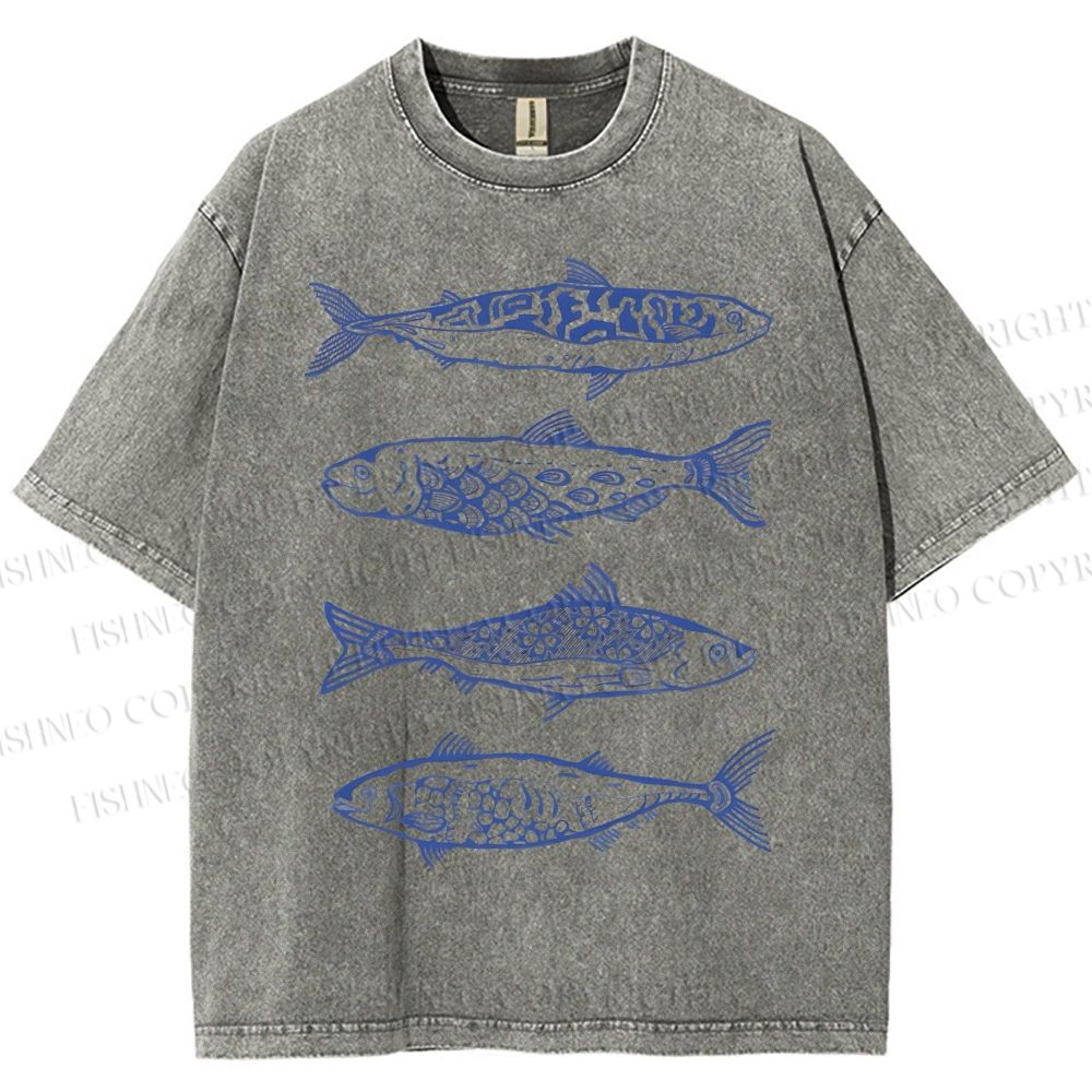 Unisex Vintage Flower Fish Printed Washed Tee