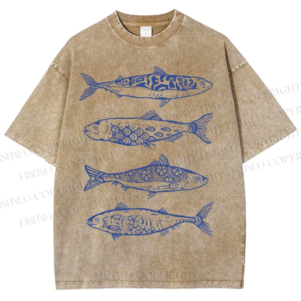 Unisex Vintage Flower Fish Printed Washed Tee