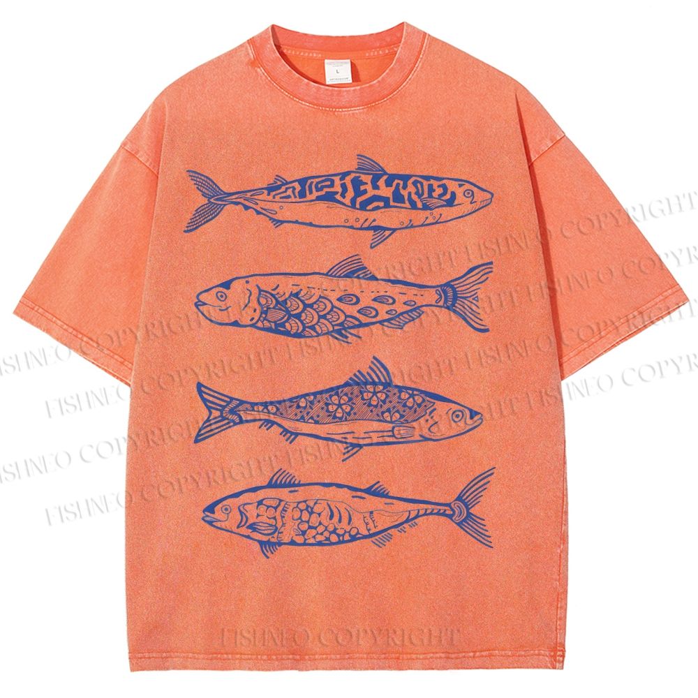 Unisex Vintage Flower Fish Printed Washed Tee