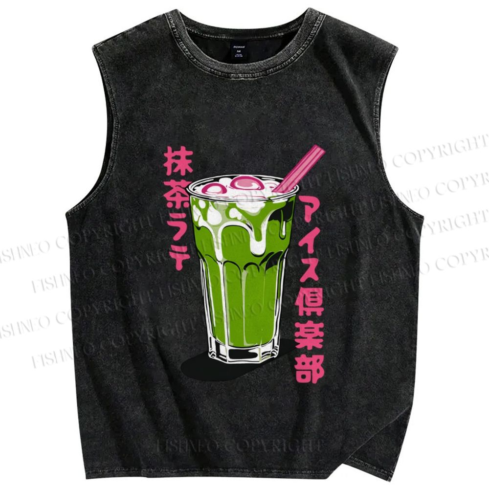 Unisex Japanese Matcha Drink Club Printed Washed Tank Top