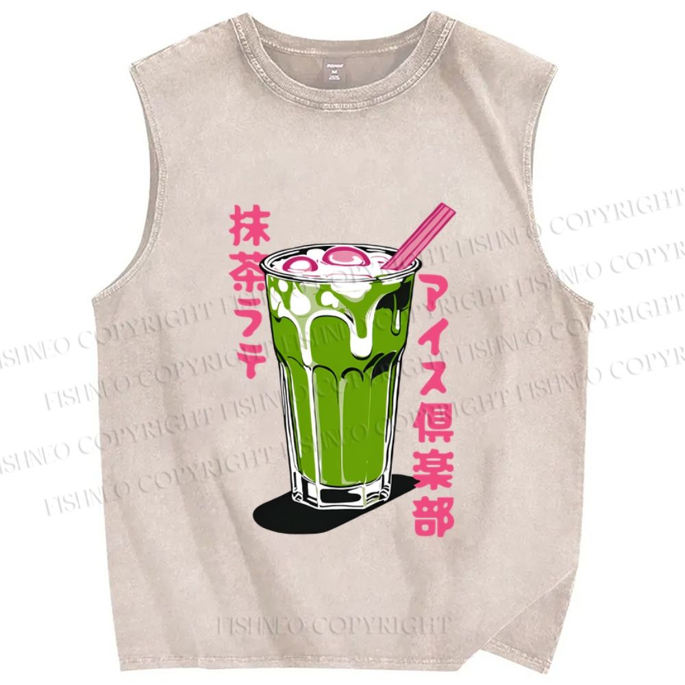 Unisex Japanese Matcha Drink Club Printed Washed Tank Top