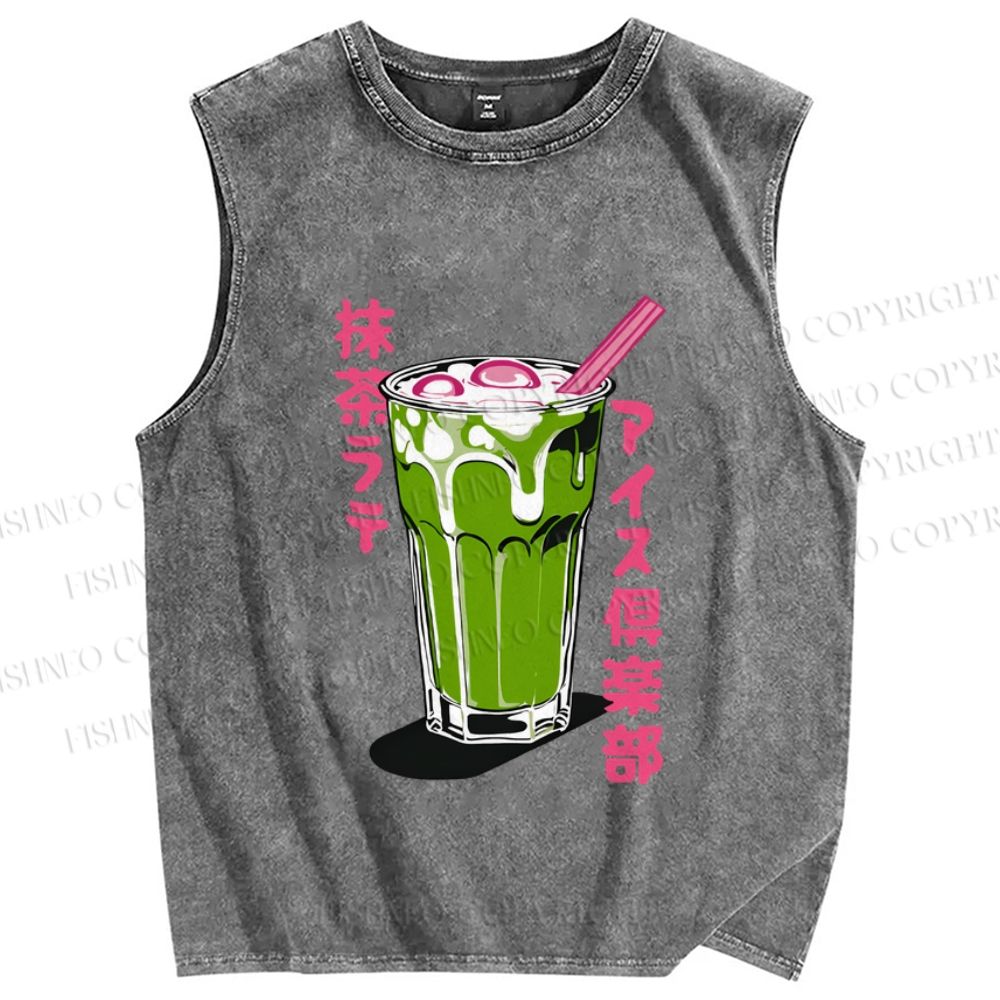 Unisex Japanese Matcha Drink Club Printed Washed Tank Top