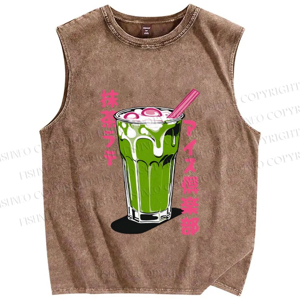 Unisex Japanese Matcha Drink Club Printed Washed Tank Top