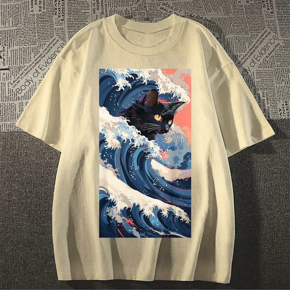Cat of the Great Wave off Kanagawa Cotton casual T-shirt